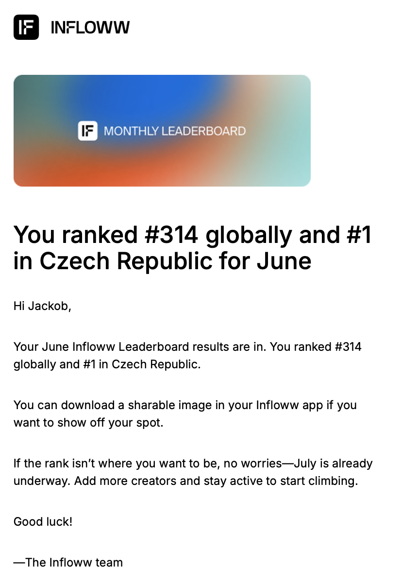 Infloww leaderboard: ranked #1 in Czech Republic, June